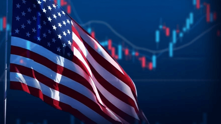 American flag waving in front of abstract stock market data background