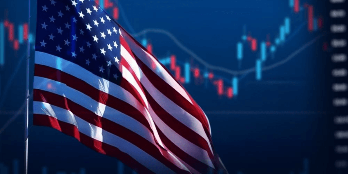 American flag waving in front of abstract stock market data background