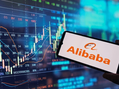 Person holding a smartphone displaying Alibaba logo in front of stock market charts