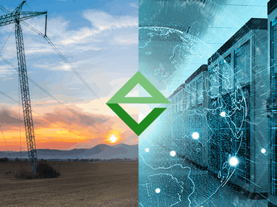 Split image of power lines at sunset and digital servers with a green logo
