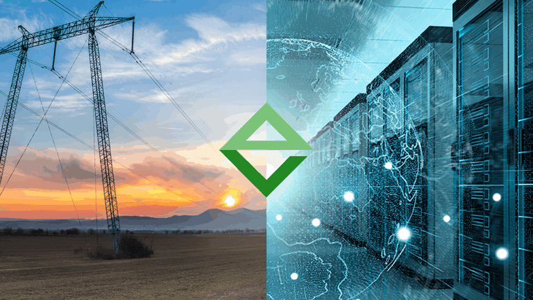 Split image of power lines at sunset and digital servers with a green logo