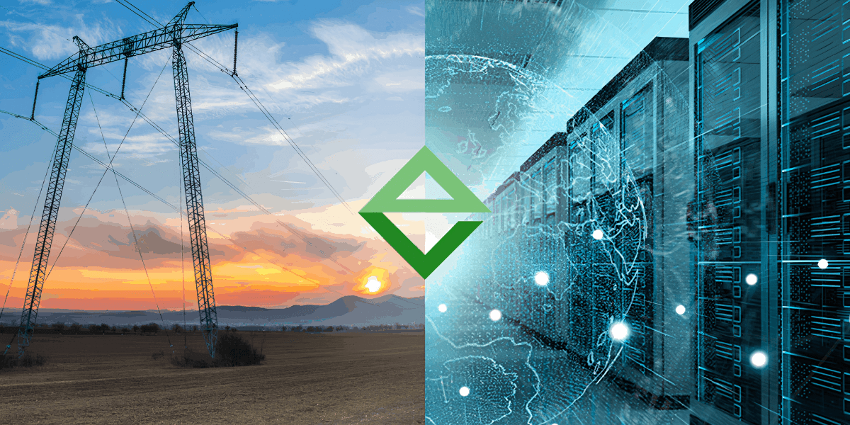 Split image of power lines at sunset and digital servers with a green logo