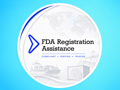 Logo for FDA Registration Assistance featuring a globe and shipping imagery on a blue background