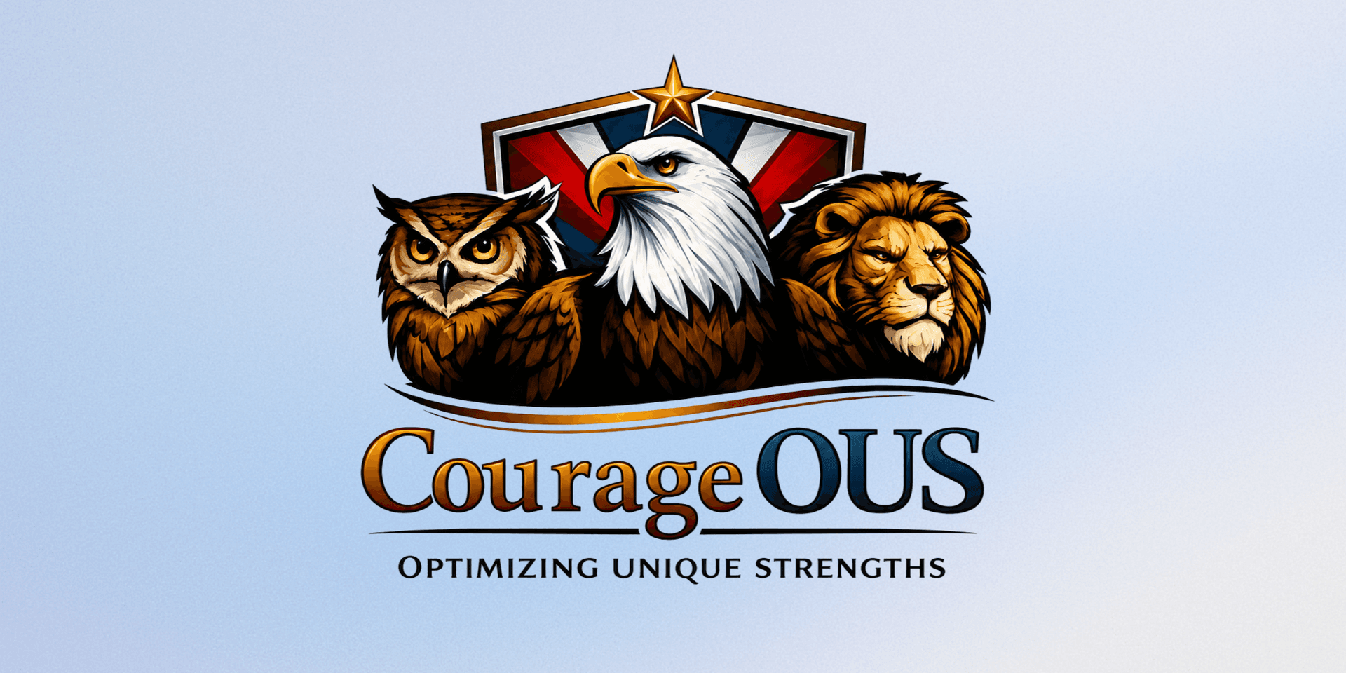 Logo featuring an owl, eagle, and lion with the text CourageOUS beneath.