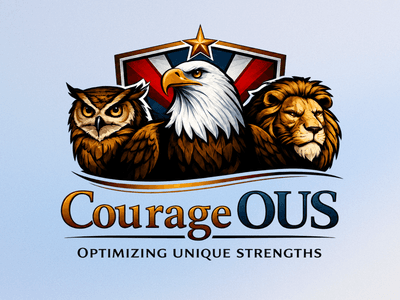 Logo featuring an owl, eagle, and lion with the text CourageOUS beneath.