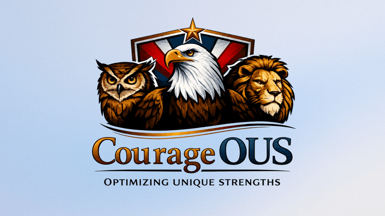 Logo featuring an owl, eagle, and lion with the text CourageOUS beneath.