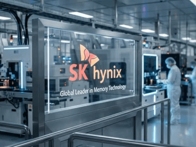 Interior view of SK Hynix semiconductor factory with workers and equipment in operation