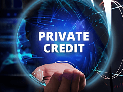 Hand reaching towards a glowing globe with the words Private Credit in the center