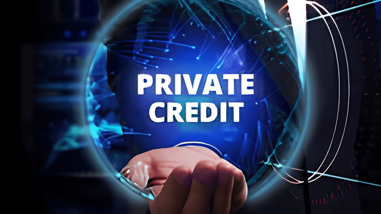 Hand reaching towards a glowing globe with the words Private Credit in the center