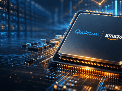 Close-up of a microchip featuring Qualcomm and Amazon logos on a circuit board background