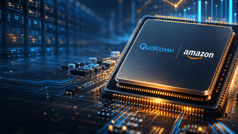 Close-up of a microchip featuring Qualcomm and Amazon logos on a circuit board background