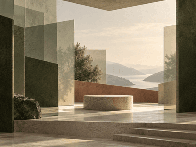 Minimalist architectural space with glass panels, stone elements, and a scenic view of mountains and water