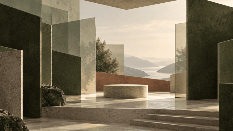 Minimalist architectural space with glass panels, stone elements, and a scenic view of mountains and water
