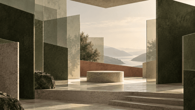 Minimalist architectural space with glass panels, stone elements, and a scenic view of mountains and water