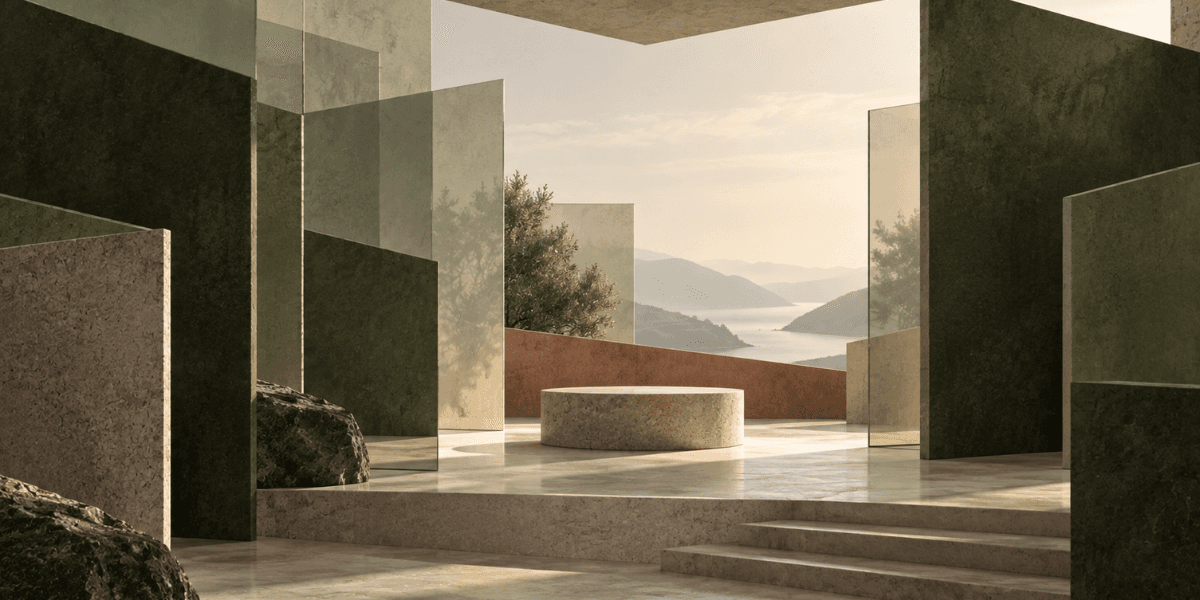 Minimalist architectural space with glass panels, stone elements, and a scenic view of mountains and water
