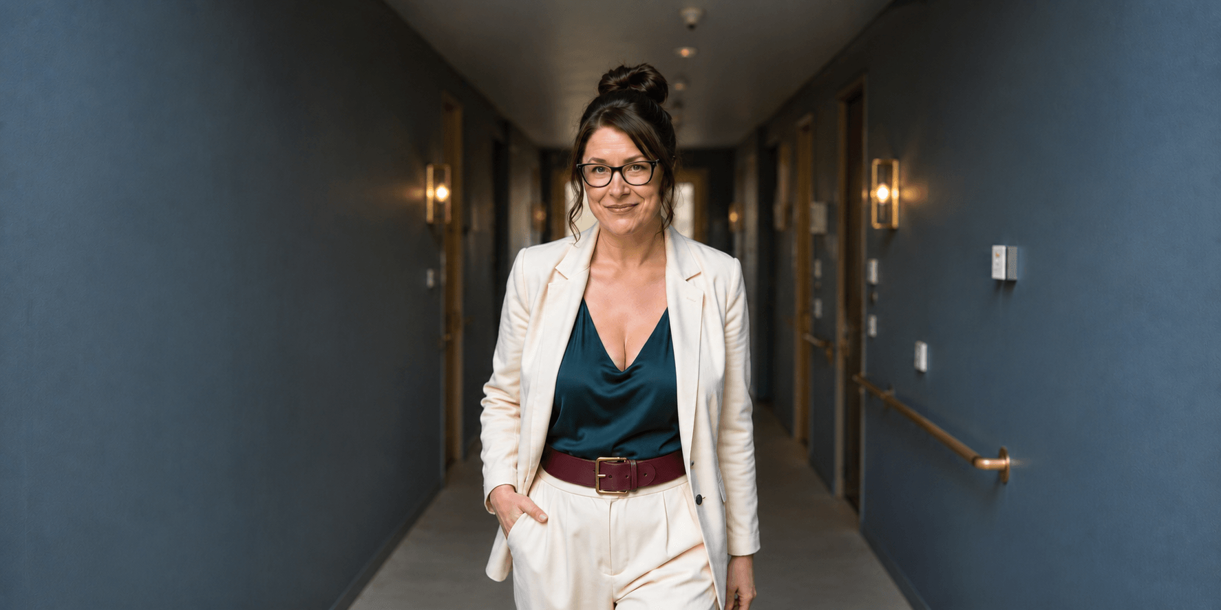 A confident woman in a white suit walking down a stylish hotel corridor