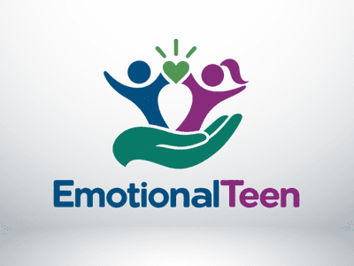 Logo of EmotionalTeen featuring a hand supporting colorful figures representing youth and emotions