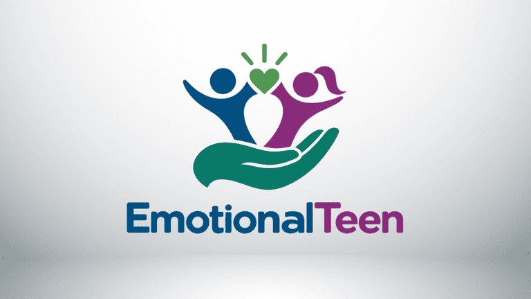 Logo of EmotionalTeen featuring a hand supporting colorful figures representing youth and emotions