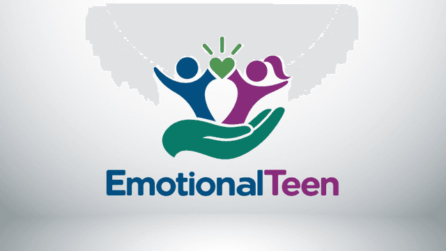 Logo of EmotionalTeen featuring a hand supporting colorful figures representing youth and emotions