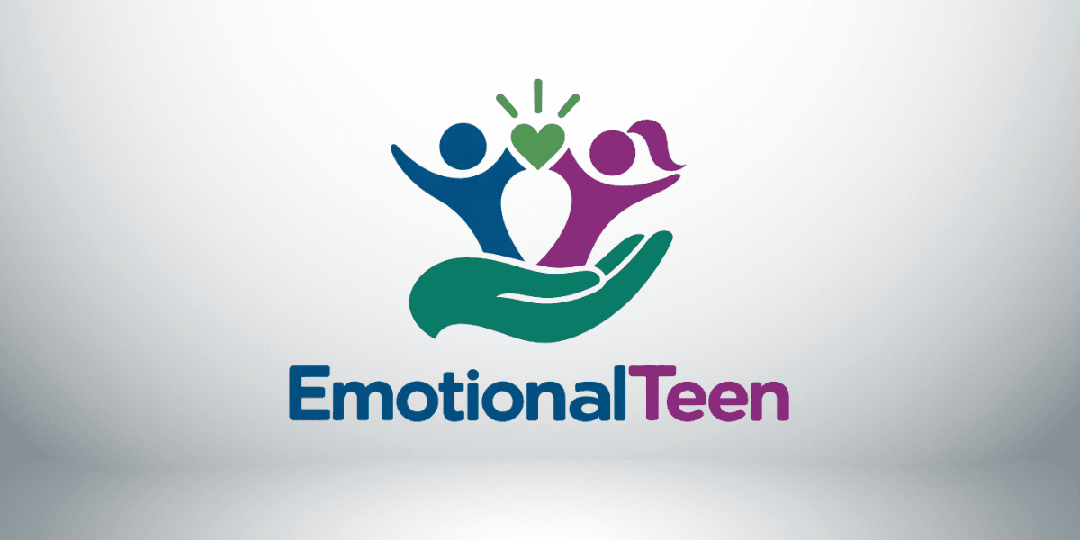Logo of EmotionalTeen featuring a hand supporting colorful figures representing youth and emotions
