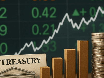 U.S. Treasury note with stacked coins and a rising stock market graph background