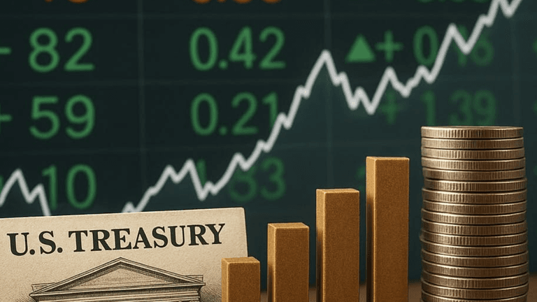 U.S. Treasury note with stacked coins and a rising stock market graph background