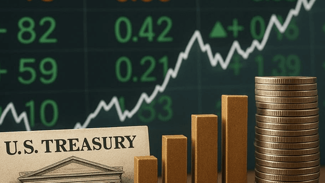 U.S. Treasury note with stacked coins and a rising stock market graph background