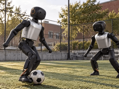 Two robotic figures playing soccer on a grass field with a person watching