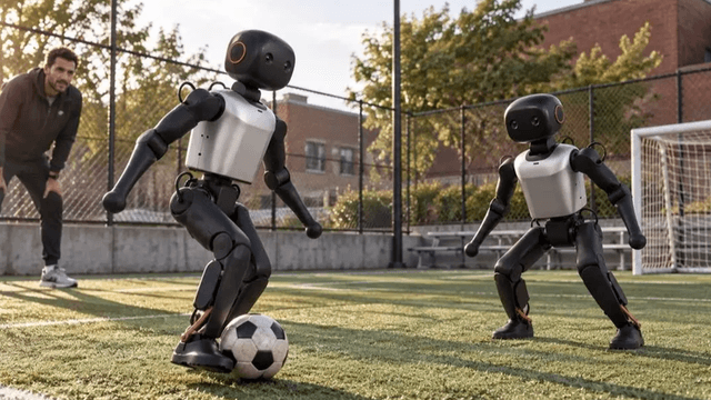 Two robotic figures playing soccer on a grass field with a person watching