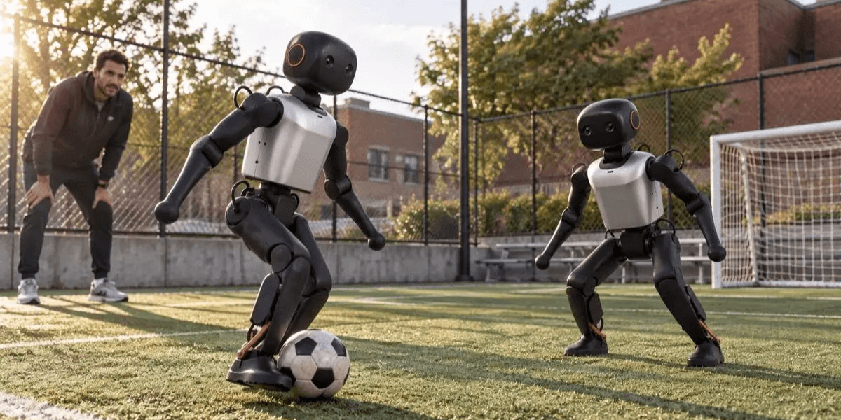 Two robotic figures playing soccer on a grass field with a person watching