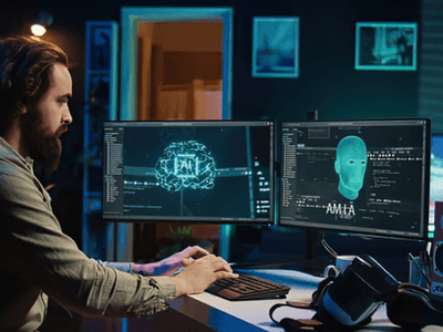 A man working on dual monitors with digital interfaces in a dark room
