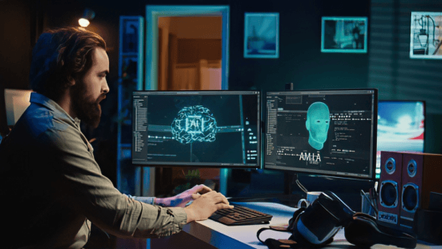 A man working on dual monitors with digital interfaces in a dark room
