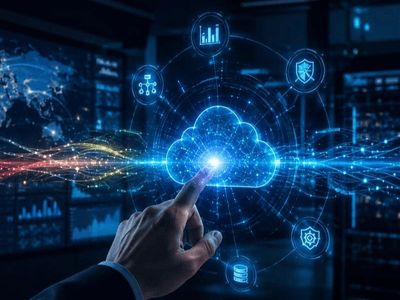 A hand reaching towards a glowing cloud symbol surrounded by data and technology icons