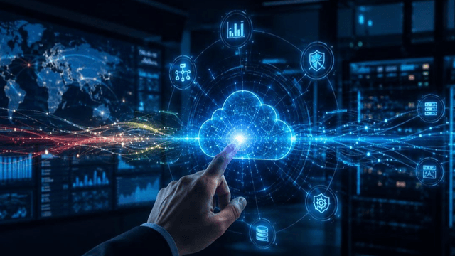 A hand reaching towards a glowing cloud symbol surrounded by data and technology icons