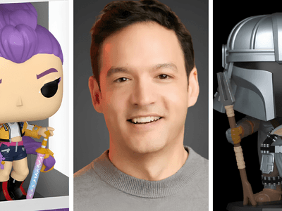 Three images: a purple-haired Funko Pop, a smiling man, and a Mandalorian figure.