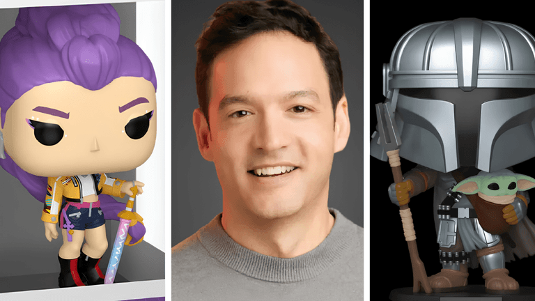 Three images: a purple-haired Funko Pop, a smiling man, and a Mandalorian figure.
