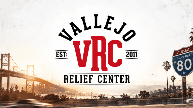 Logo for Vallejo Relief Center with a bridge and highway in the background
