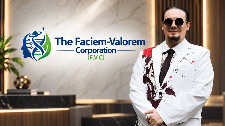 Man in a floral white suit stands in a modern office with logo backdrop
