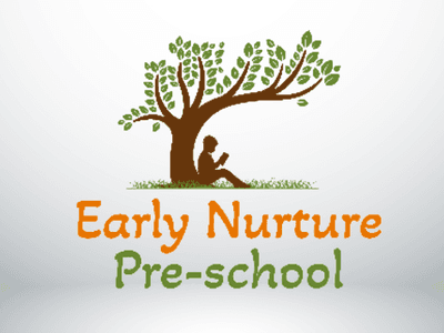 Logo featuring a tree with a child reading under it, representing a preschool theme