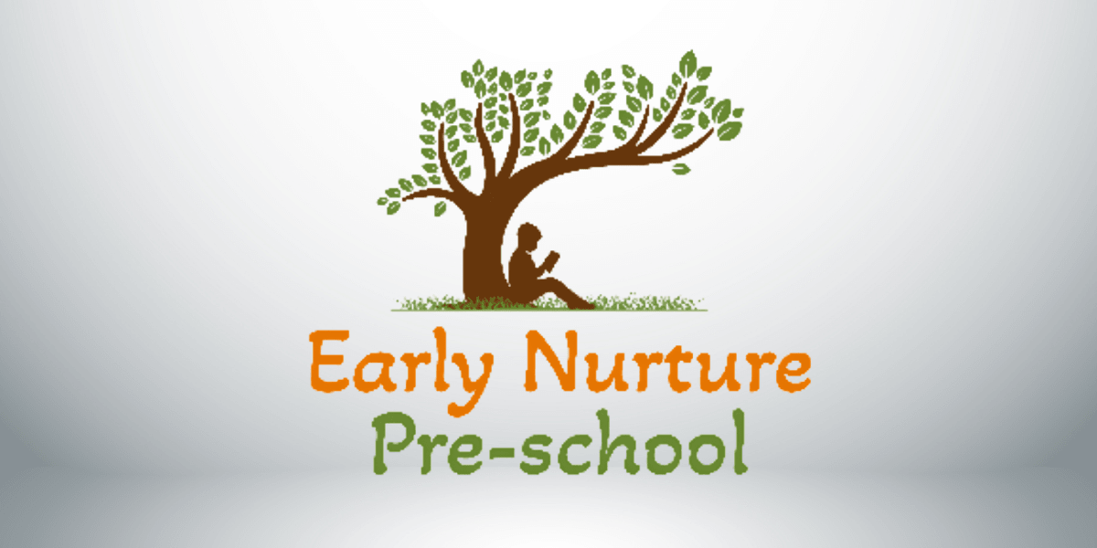 Logo featuring a tree with a child reading under it, representing a preschool theme