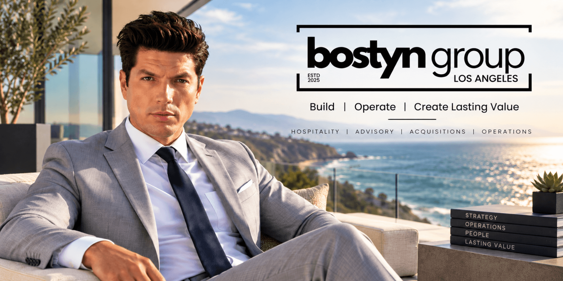 A man in a suit poses with a coastal view and text overlay for Bostyn Group.