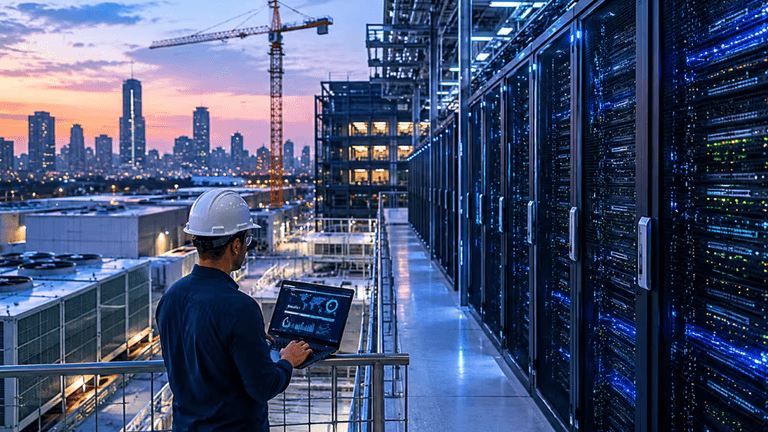 A technician examines data on a laptop near server racks at sunset