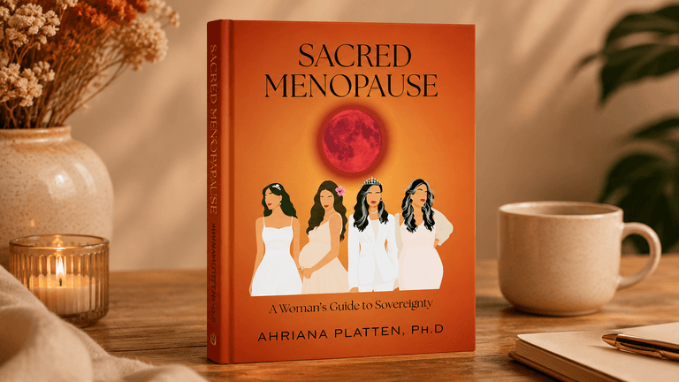 Book cover of "Sacred Menopause" by Ahriana Platten with illustrations of women and a red moon