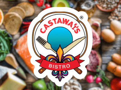Logo of Castawa's Bistro over a colorful spread of fresh ingredients and food items