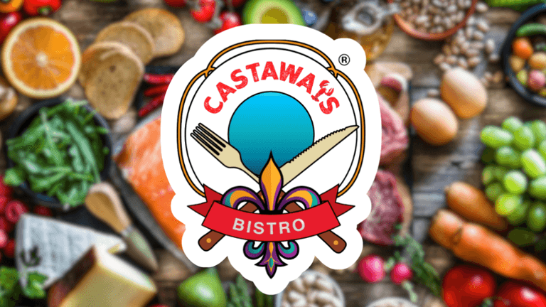 Logo of Castawa's Bistro over a colorful spread of fresh ingredients and food items