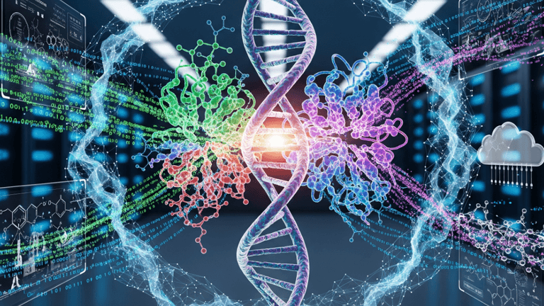 Digital representation of DNA structure with data elements and cloud symbols in a tech environment