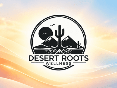 Logo for Desert Roots Wellness featuring mountains, cacti, and sun against a gradient background