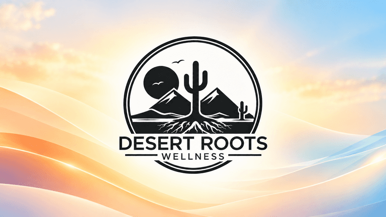 Logo for Desert Roots Wellness featuring mountains, cacti, and sun against a gradient background