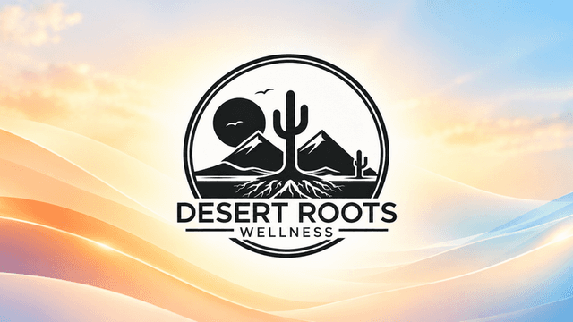 Logo for Desert Roots Wellness featuring mountains, cacti, and sun against a gradient background