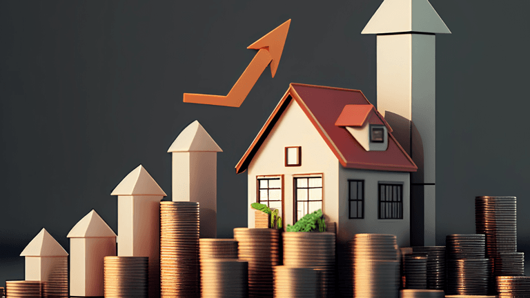 A model house surrounded by coins and upward arrows representing real estate growth